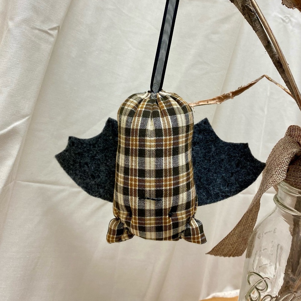 Plaid Bat Ornament  Brown Fabric Bat with Felt Wings  Halloween Décor,